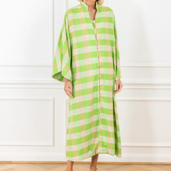 La Vie Style House Green Haze Tweed Check Caftan/Dress, O/S, Like New - Picture 1 of 6